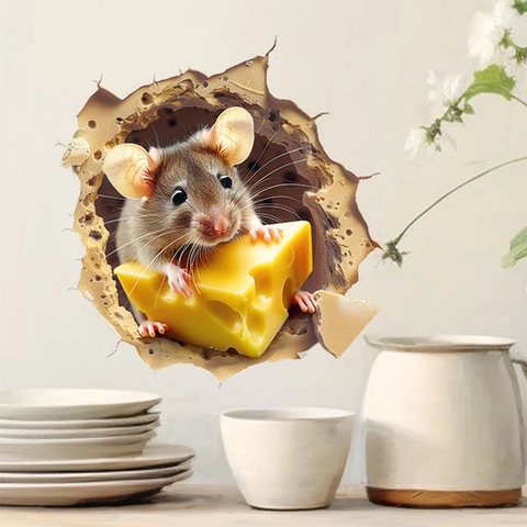 Realistic 3D Mouse Hole Wall Sticker Funny Cartoon Mouse Eating Cheese Removable PVC Decal For Living Room Bedroom Home Decor