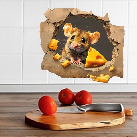 Realistic 3D Mouse Hole Wall Sticker Funny Cartoon Mouse Eating Cheese Removable PVC Decal For Living Room Bedroom Home Decor