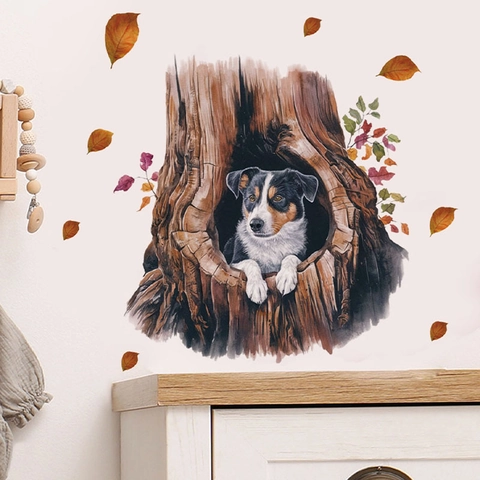Watercolor Tree Hole Animal Wall Stickers Cartoon Cat Dog Panda Squirrel Raccoon PVC Self Adhesive Decals Home Decor