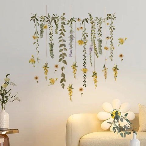 Hangende Groene Plant Wijnstok Muurstickers PVC Zelfklevend Gele Madeliefje Bloemen Decals Voor Woonkamer Slaapkamer Decor