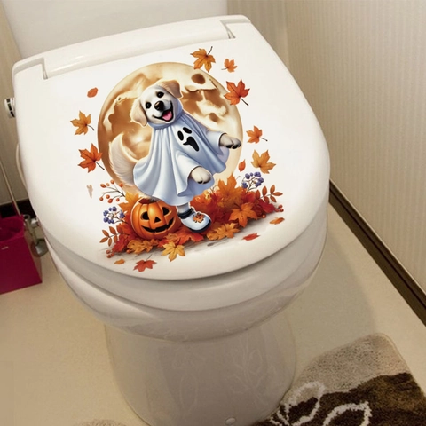 Adesivo per Gabinetto Cane Zucca Halloween Rimovibile PVC Autoadesivo Bagno Decalcomania Decorazione Domestica Festiva