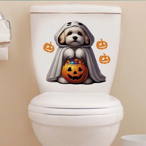 Adesivo per Gabinetto Cane Zucca Halloween Rimovibile PVC Autoadesivo Bagno Decalcomania Decorazione Domestica Festiva