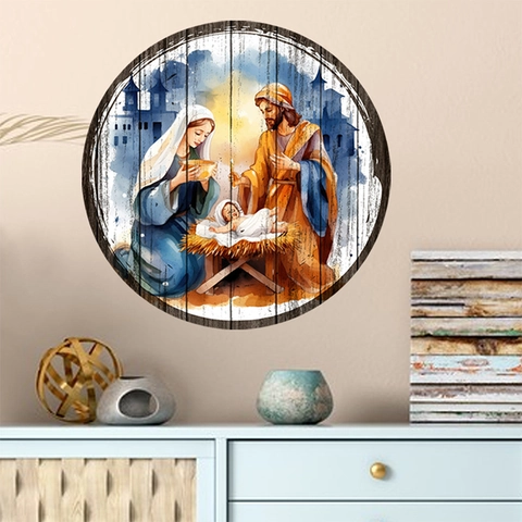 Klassischer Europäischer Stil Religiöser Engel Krippe Runde Wandaufkleber PVC Holzmaserung Abnehmbares Deko Wandbild Für Zuhause