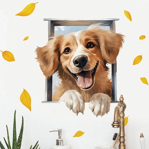 3D Realistic Golden Retriever Dog Window Wall Sticker With Autumn Maple Leaves PVC Self Adhesive Removable Home Art Mural