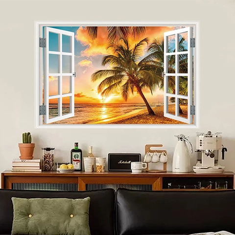 Adhesivo de Pared 3D Falsa Ventana Vista Playa Atardecer Impermeable Extraíble de PVC Mural Para Sala de Estar Dormitorio Casa