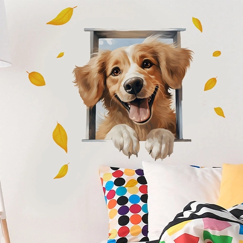 3D Realistic Golden Retriever Dog Window Wall Sticker With Autumn Maple Leaves PVC Self Adhesive Removable Home Art Mural