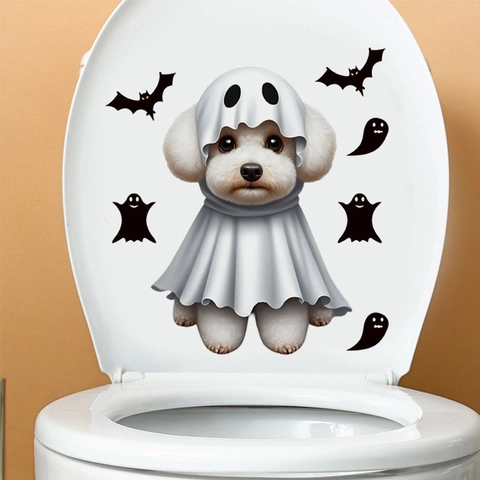 Autocollant de Toilette Halloween Chien Fantôme Chauve-souris Imperméable PVC pour Salle de Bain Déco Maison Auto-adhésif Mural