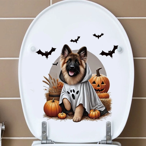 Pegatina De Inodoro De Halloween Pastor Alemán Con Capa Calabaza Murciélago Baño PVC Decorativo Autoadhesivo Calcomanía De Pared