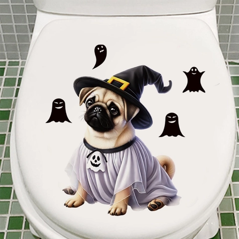 Pegatina de Inodoro Perro Pug Fantasma Halloween Impermeable PVC Calcomanía de Pared para Baño Nevera Decoración de Hogar Fiesta