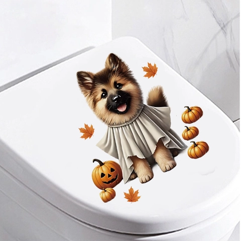 Halloween Spookhond Pompoen Toiletbril Sticker Waterdicht PVC Muursticker Voor Badkamer Keuken Koelkast Huis Decoratie