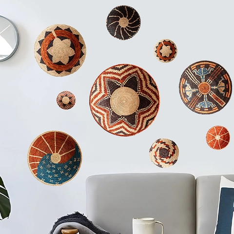 Bohemian Style Woven Basket Pattern Wall Sticker PVC Self-Adhesive Geometric Tribal Decal For Living Room Bedroom Wall Decor