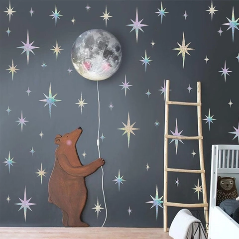 Holografische Ster Maan Muurstickers Verwijderbare PVC Regenboog Sterren Decals Voor Kinderkamer Woonkamer Decoratie