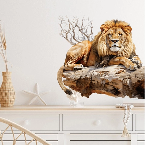 Adesivo da Parete Leone Realistico Decalcomania da Muro Animale in PVC Autoadesivo Rimovibile per Soggiorno Camera da Letto Decorazione