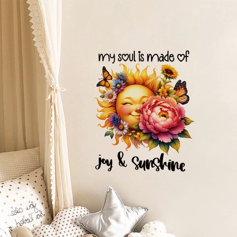 Cartoon Smiley Sun Sunflower Wall Sticker PVC Removable Self Adhesive Floral Butterfly Mural For Nursery Kids Room Decor