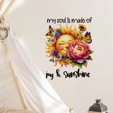 Cartoon Smiley Sun Sunflower Wall Sticker PVC Removable Self Adhesive Floral Butterfly Mural For Nursery Kids Room Decor