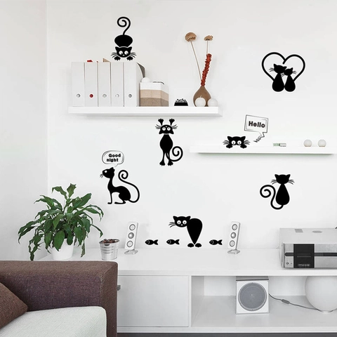 Cartoon Schwarze Katze Silhouette Wandaufkleber Abnehmbare PVC Selbstklebende DIY Haus Deko Wohnzimmer Schlafzimmer Wandtattoo
