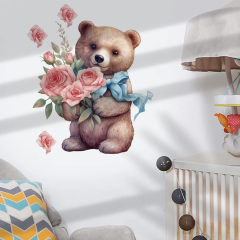 Aquarell Teddybär Wandsticker PVC Abnehmbar Cartoon Tier Aufkleber Für Kinderzimmer Schlafzimmer Haus Dekor