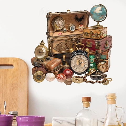 Adesivo da Parete in Stile Vintage Decalcomania in PVC Rimovibile Con Orologio Retro Valigia e Globo per Decorazione Casa