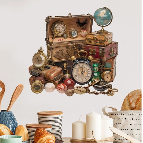 Adesivo da Parete in Stile Vintage Decalcomania in PVC Rimovibile Con Orologio Retro Valigia e Globo per Decorazione Casa