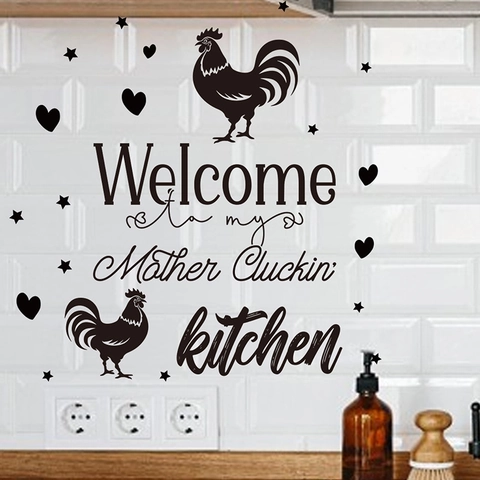 Funny Kitchen Wall Stickers PVC Black Rooster Quotes Welcome To My Mother Cluckin' Kitchen Wall Decals For Dining Room