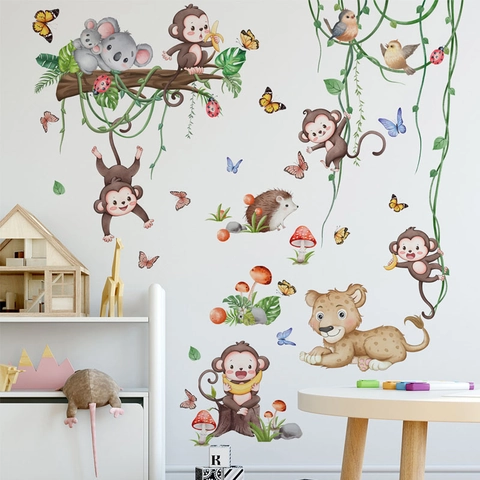 Cartoon Waldtiere Wandaufkleber PVC Abnehmbar Aquarell Bär Affe Dschungel Dekor Für Kinderzimmer Kindergarten Schlafzimmer