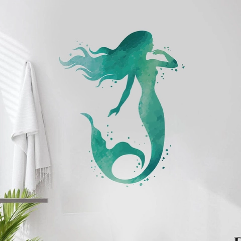 Pegatina de Pared Silueta de Sirena Acuarela Degradado PVC Removible Autoadhesiva Calcomanía para Baño Hogar Pared Fondo Decoración