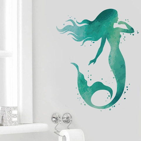 Pegatina de Pared Silueta de Sirena Acuarela Degradado PVC Removible Autoadhesiva Calcomanía para Baño Hogar Pared Fondo Decoración