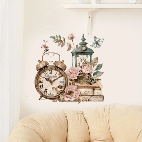 Stickers Muraux Vintage Rétro Horloge Livre Floral PVC Amovible Autocollant Décalcomanie D'Art Pour Salon Chambre À Coucher