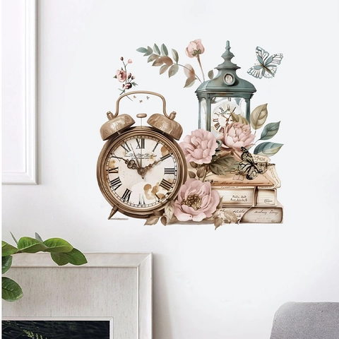 Stickers Muraux Vintage Rétro Horloge Livre Floral PVC Amovible Autocollant Décalcomanie D'Art Pour Salon Chambre À Coucher