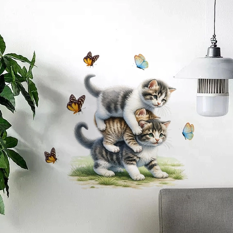 3D Cartoon Katze Und Schmetterling Wandaufkleber Abnehmbare PVC Tier Wandtattoos Für Wohnzimmer Schlafzimmer Home Decor Wandbild
