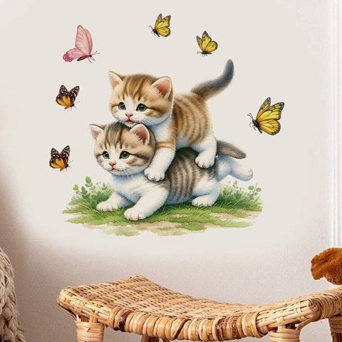3D Cartoon Katze Und Schmetterling Wandaufkleber Abnehmbare PVC Tier Wandtattoos Für Wohnzimmer Schlafzimmer Home Decor Wandbild
