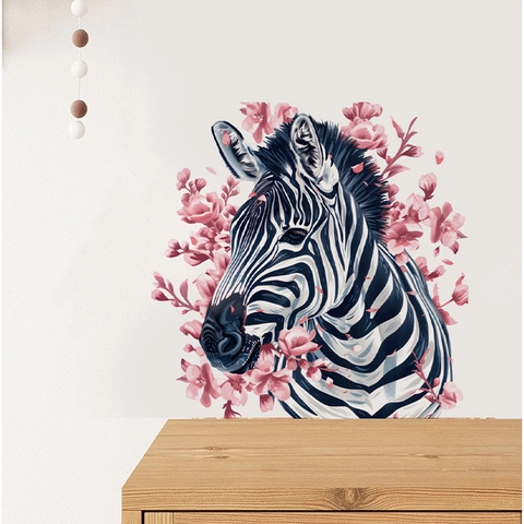Modern PVC Zebra With Pink Flowers Wall Sticker Removable Animal Floral Wall Decal For Living Room Bedroom Home Wall Decor