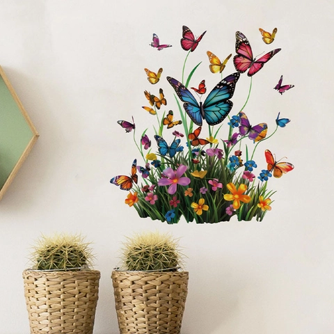 Veelkleurige Vlinder En Bloem Muurstickers Zelfklevende PVC Verwijderbare Florale Muurstickers Voor Woonkamer Slaapkamer Decoratie