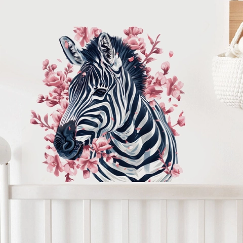 Modern PVC Zebra With Pink Flowers Wall Sticker Removable Animal Floral Wall Decal For Living Room Bedroom Home Wall Decor