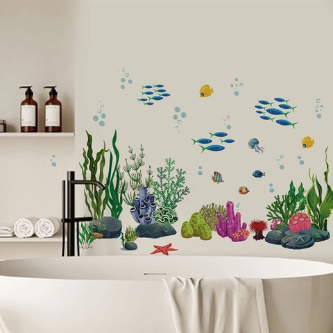 Unterwasserwelt Ozean Fisch Seegras Wandaufkleber PVC Wasserdicht Badezimmer Wandtattoo Kinderzimmer DIY Wandkunst Dekor