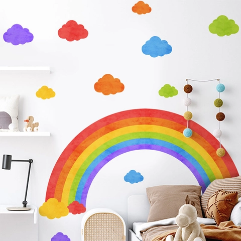 Watercolor Rainbow And Clouds Wall Stickers Removable PVC Self Adhesive Wall Decal For Kids Bedroom Living Room Decor