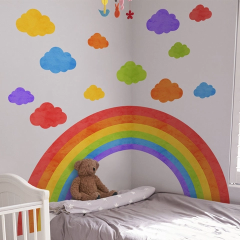 Watercolor Rainbow And Clouds Wall Stickers Removable PVC Self Adhesive Wall Decal For Kids Bedroom Living Room Decor