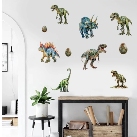 Sticker Mural Dinosaure Dessin Animé Amovible PVC Aquarelle Animaux pour Chambre d'Enfant Salon Décoration Maison