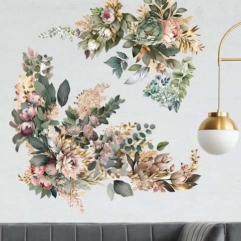 Moderni Adesivi Murali Floreali in PVC Acquerello Peonia Foglie Accenti Foglia Oro Murale Autoadesivo Per Soggiorno Camera Da Letto