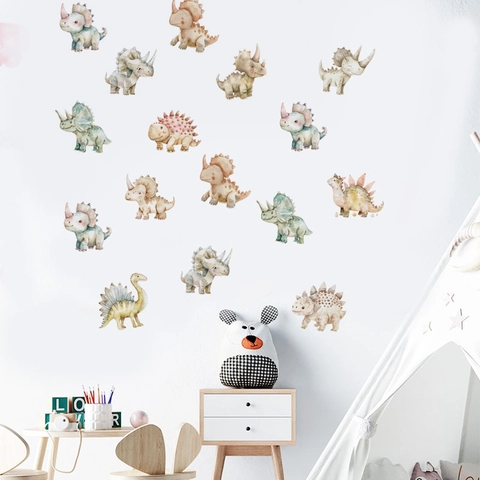 Pegatinas de Pared de Dinosaurio de Dibujos Animados de Acuarela PVC Removible Autoadhesivo Calcomanías Para Habitación