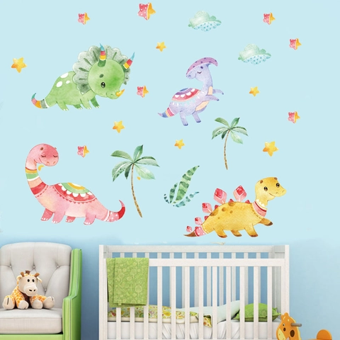 Cartoon Dinosaur Wall Sticker For Kids Room Waterproof Removable PVC Watercolor Animal Wall Decal Nursery Bedroom Decor