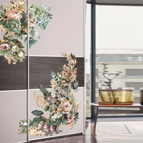Moderni Adesivi Murali Floreali in PVC Acquerello Peonia Foglie Accenti Foglia Oro Murale Autoadesivo Per Soggiorno Camera Da Letto