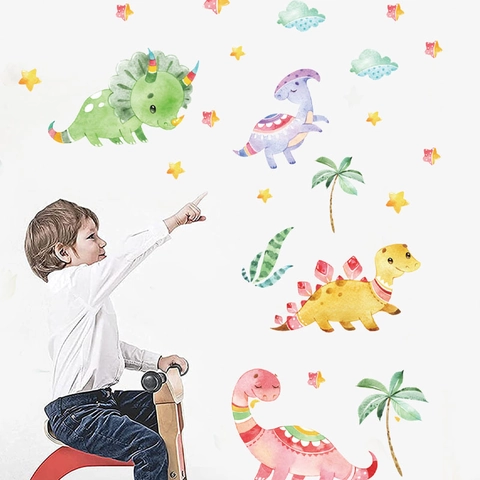Cartoon Dinosaur Wall Sticker For Kids Room Waterproof Removable PVC Watercolor Animal Wall Decal Nursery Bedroom Decor