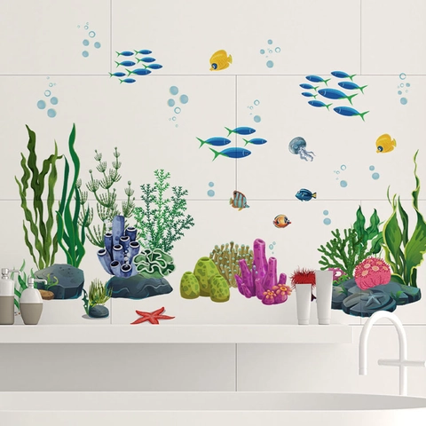 Unterwasserwelt Ozean Fisch Seegras Wandaufkleber PVC Wasserdicht Badezimmer Wandtattoo Kinderzimmer DIY Wandkunst Dekor