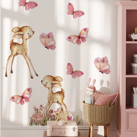 Aquarell Cartoon Hirsch Schmetterling Blume Fee Wandaufkleber Für Kinderzimmer Kindergarten Schlafzimmer PVC Abnehmbare Heimdekor Wandbild