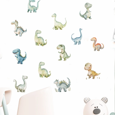 Watercolor Dinosaur Wall Stickers For Kids Room Nursery Decor PVC Self Adhesive Hand Painted Cartoon Animal Wall Decals