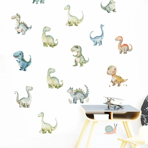 Watercolor Dinosaur Wall Stickers For Kids Room Nursery Decor PVC Self Adhesive Hand Painted Cartoon Animal Wall Decals
