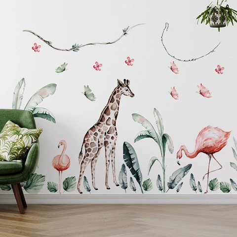 Adhesivo de Pared Acuarela Jirafa Flamenco Hojas Tropicales Calcomanía de PVC Removible para Sala de Estar Dormitorio Infantil