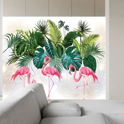 Tropische Flamingo Grüne Blätter Wandtattoo PVC Abnehmbar Selbstklebend Wandsticker Für Wohnzimmer Schlafzimmer Home Deko
