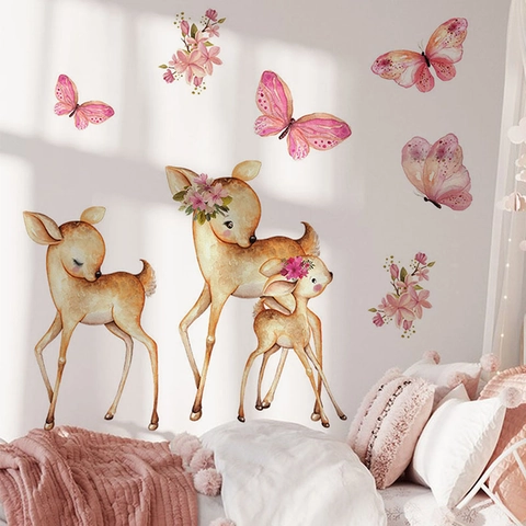 Aquarell Cartoon Hirsch Schmetterling Blume Fee Wandaufkleber Für Kinderzimmer Kindergarten Schlafzimmer PVC Abnehmbare Heimdekor Wandbild